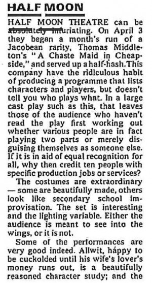 A Chaste Maid in Cheapside - The Stage, 12 April 1973