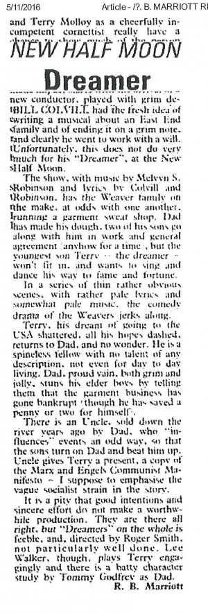 Dreamer News Review - R.B Marriott, The Stage, 13 Nov 1980