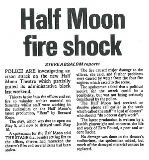News story on arson attack during Ezra, Steve Absalom, The Stage, 7 May 1981