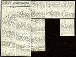 Mayakovsky Review - Malcom Hay, The Observer, 25th Nov, 1979.