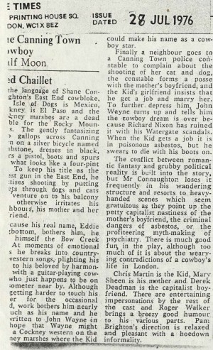 News Reviews 1976 - Canning Town Cowboy - Ned Chaillet, The Times, 28th July 1976
