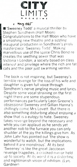 Sweeney Todd Advertisement - City Limits Magazine -May 1985