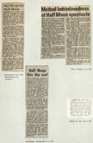 Multiple news articles on Half Moon Hits the Roof 1984