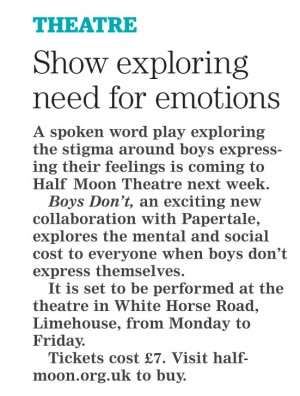 Boys Don't preview feature in Newham Recorder, 15 March 2017