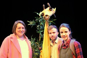 Cllr Rachel Saunders with the giraffe puppet and performers Lawrence Alliston-Greiner and Amber-Rose May