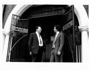 Steve Murphy with Ray Buckton general secretary of ASLEF outside Half Mon chapel. Photo given to Half Moon by Stephen Murphy, Development Director for the Half Moon 1983-85.